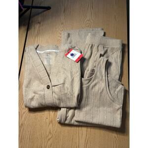 New Women’s 3pc Live to Lounge Tank Pants Cardigan Outfit Tan Beige size Medium